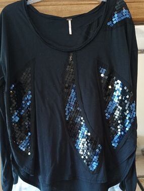Free People Black Long Sleeve Tee with Blue and Black Sequin Panels